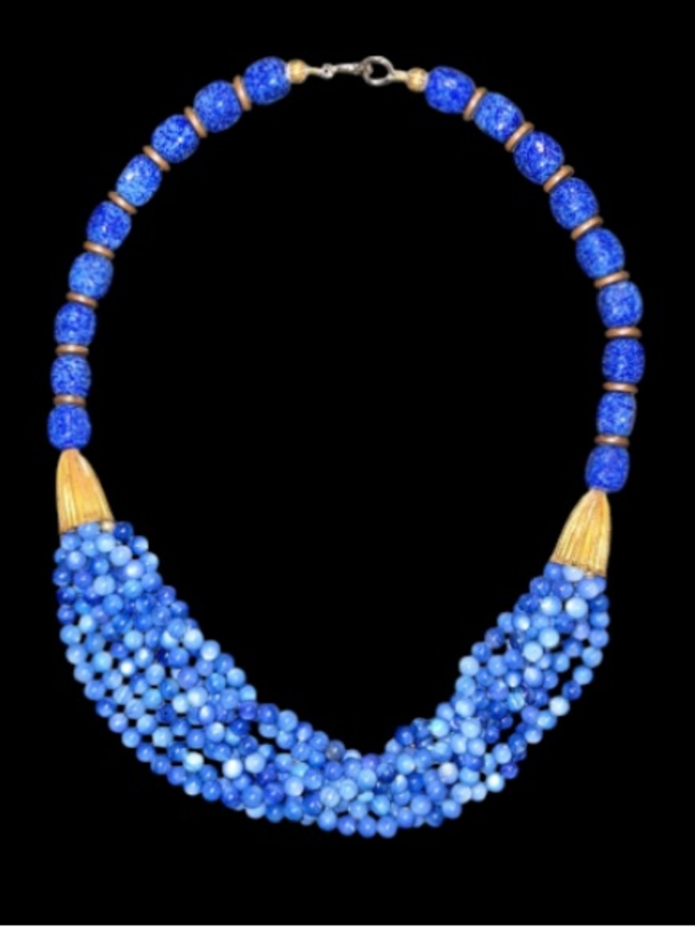 Elegant Natural Blue Agate  Beaded  Bib Style Statement Necklace W/ Gold Tone